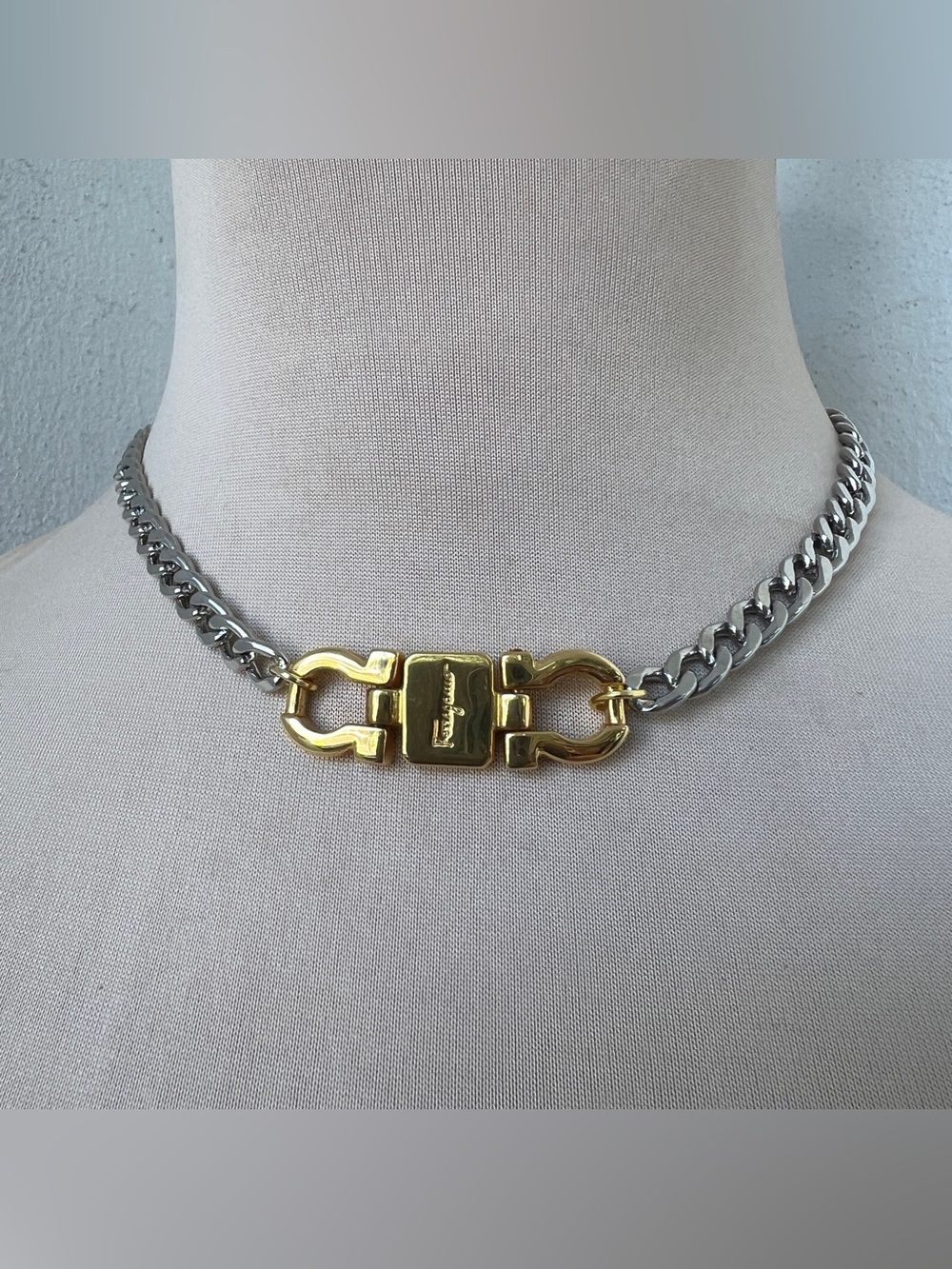 Custom Vintage Two-tone Ferragamo Curb Chain Choker Necklace 15.5” - Picture 3 of 9